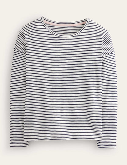 Cotton Dropped Shoulder Top-Ivory, Navy-5