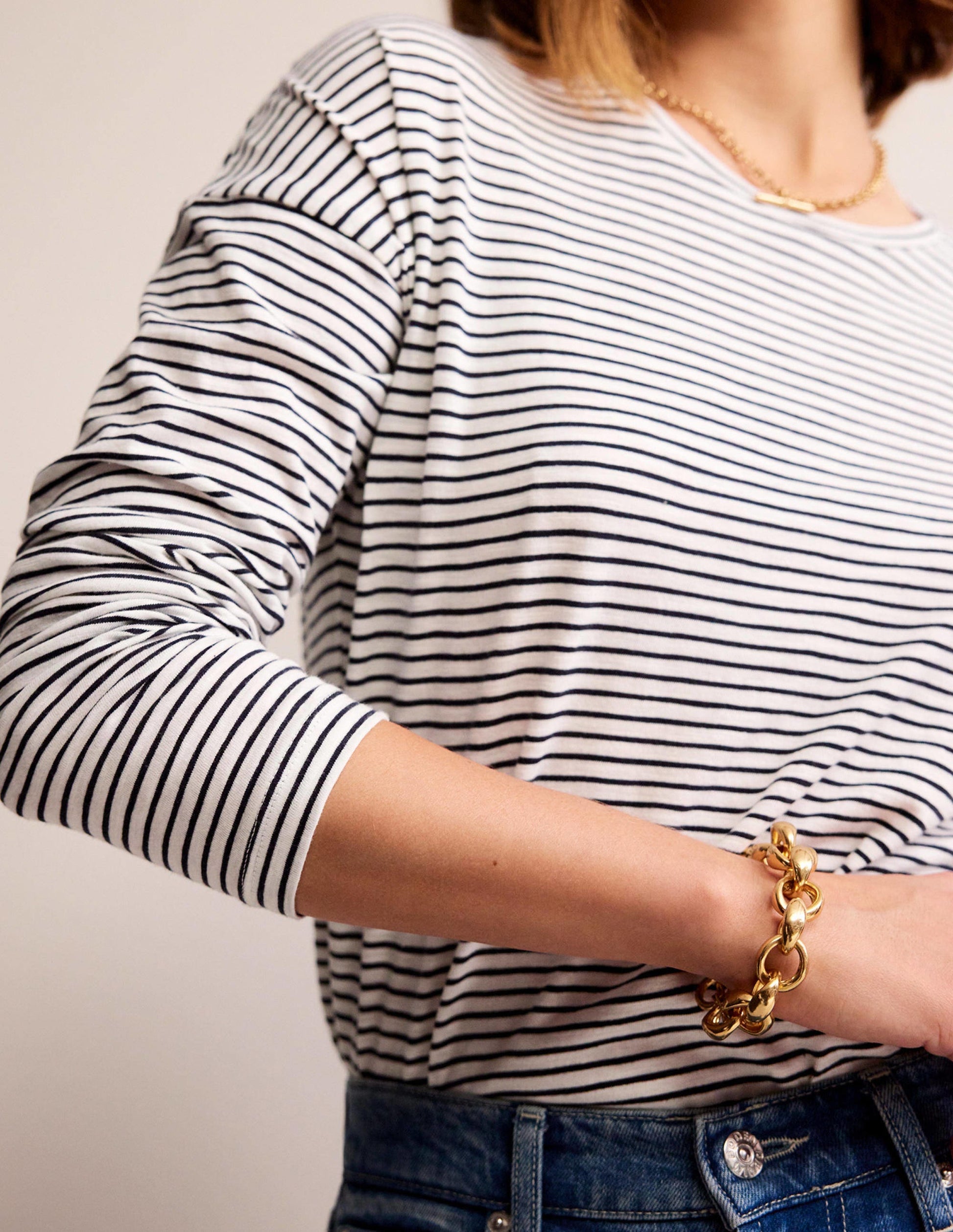 Cotton Dropped Shoulder Top-Ivory, Navy-2