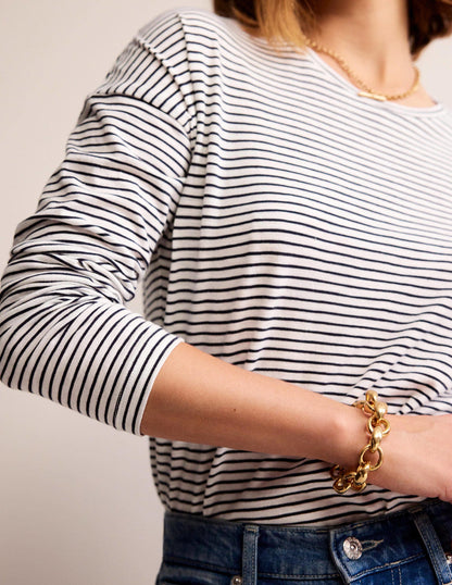 Cotton Dropped Shoulder Top-Ivory, Navy-2