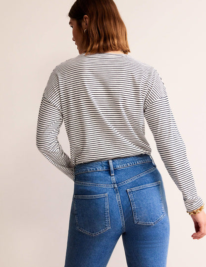 Cotton Dropped Shoulder Top-Ivory, Navy-3