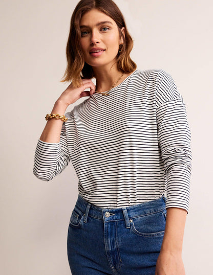 Cotton Dropped Shoulder Top-Ivory, Navy-4