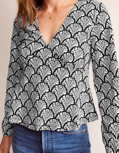 V-Neck Peplum Top-Black, Blossomy-2