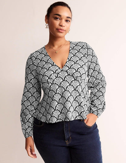 V-Neck Peplum Top-Black, Blossomy-7