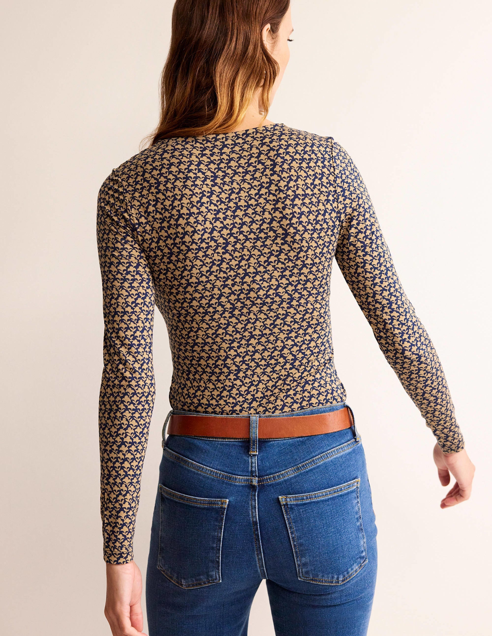 Knot Front Jersey Top-Camel, Lily Sprig - Image 3