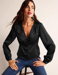 V-Neck Tea Blouse-Black
