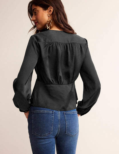 V-Neck Tea Blouse-Black