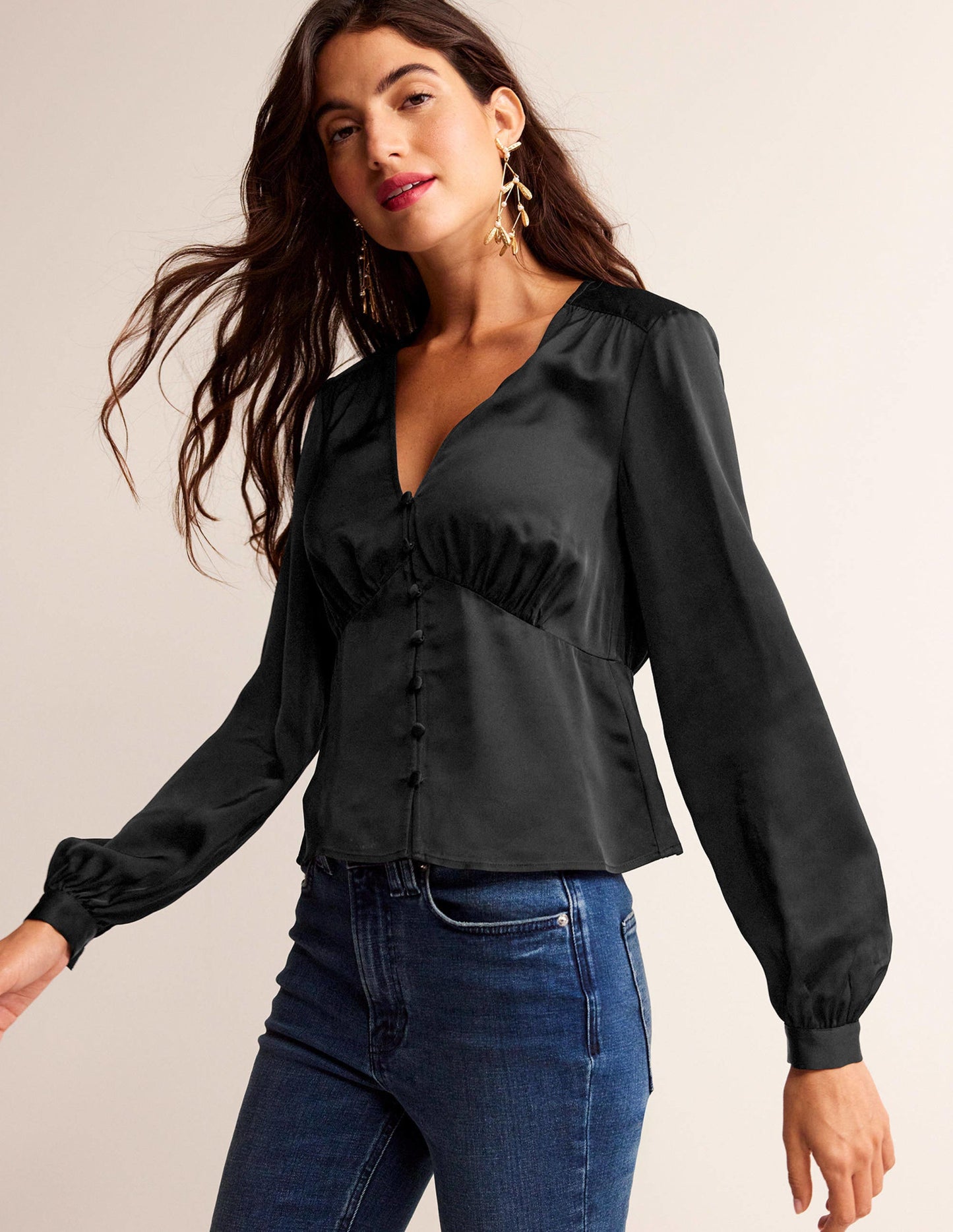 V-Neck Tea Blouse-Black