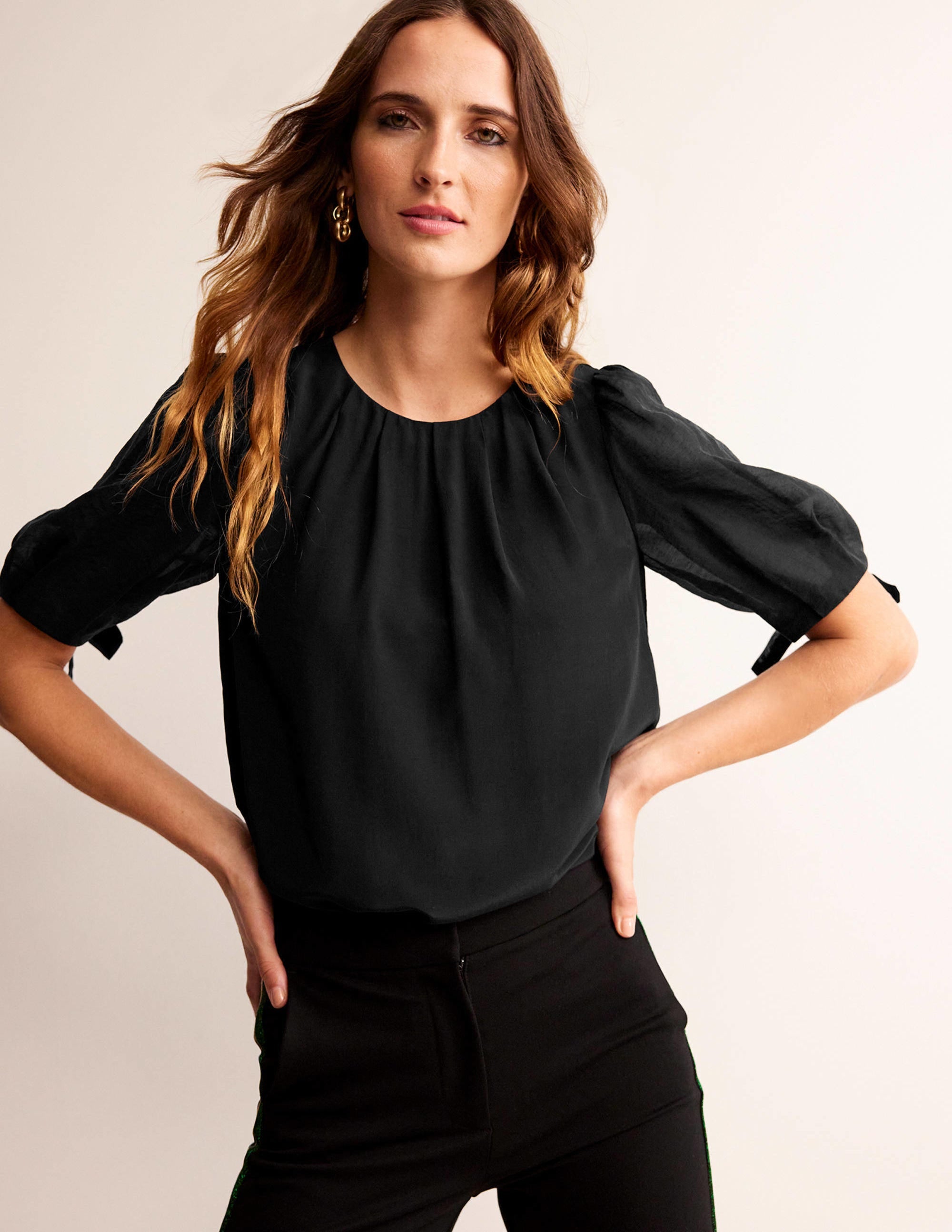 Organza Puff-Sleeve Top-Black - Image 1
