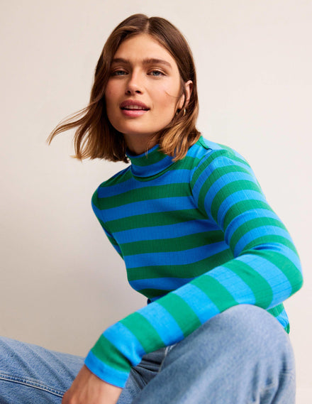 Anna Rib Roll Neck Top-Bright Cobalt, Veridian Green