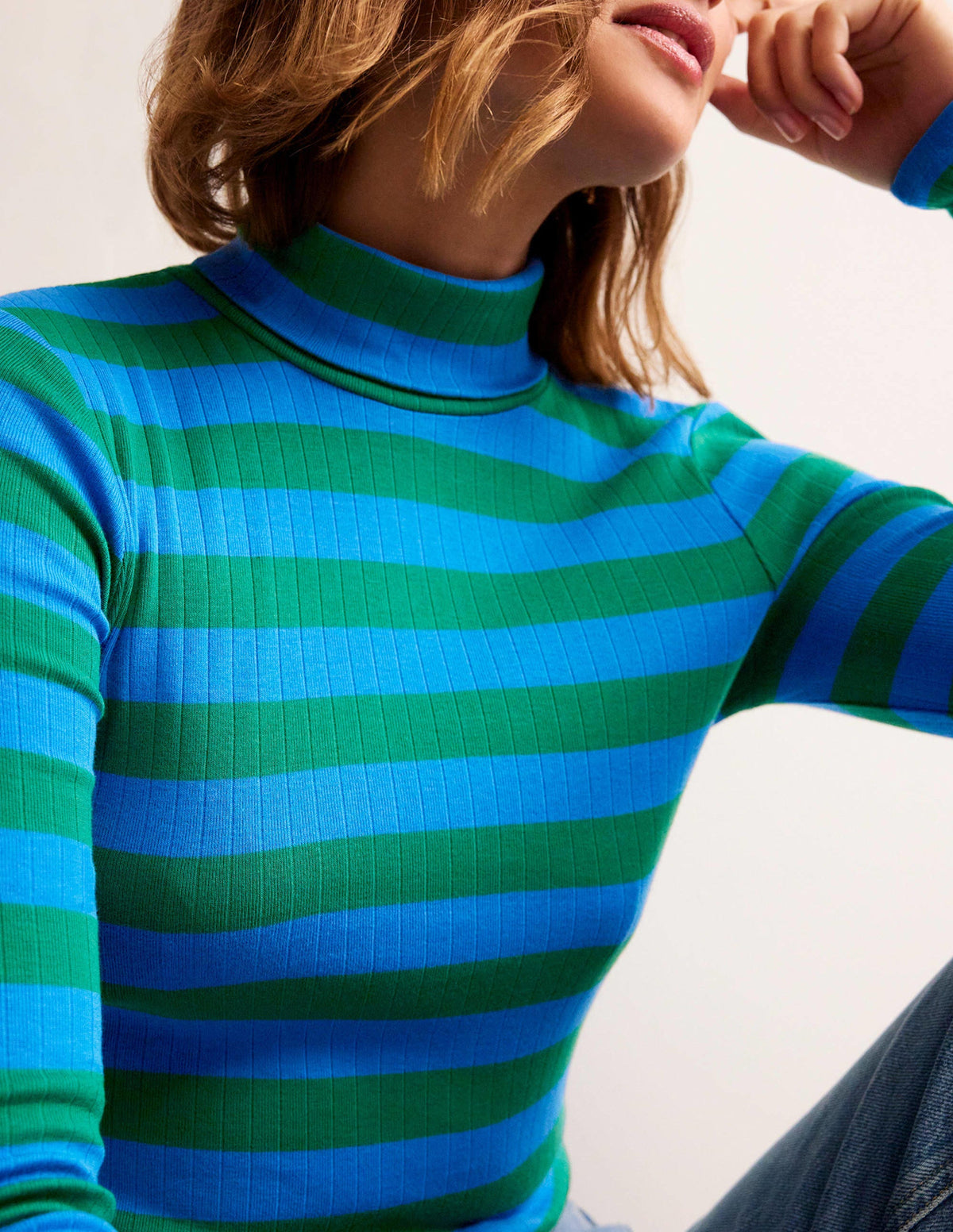 Anna Rib Roll Neck Top-Bright Cobalt, Veridian Green - Image 2