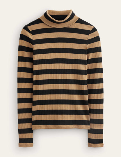 Anna Rib Roll Neck Top-Camel, Black-6