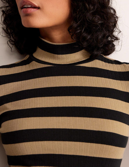 Anna Rib Roll Neck Top-Camel, Black