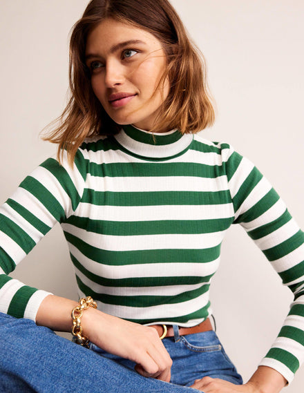 Anna Rib Roll Neck Top-Amazon Green, Ivory