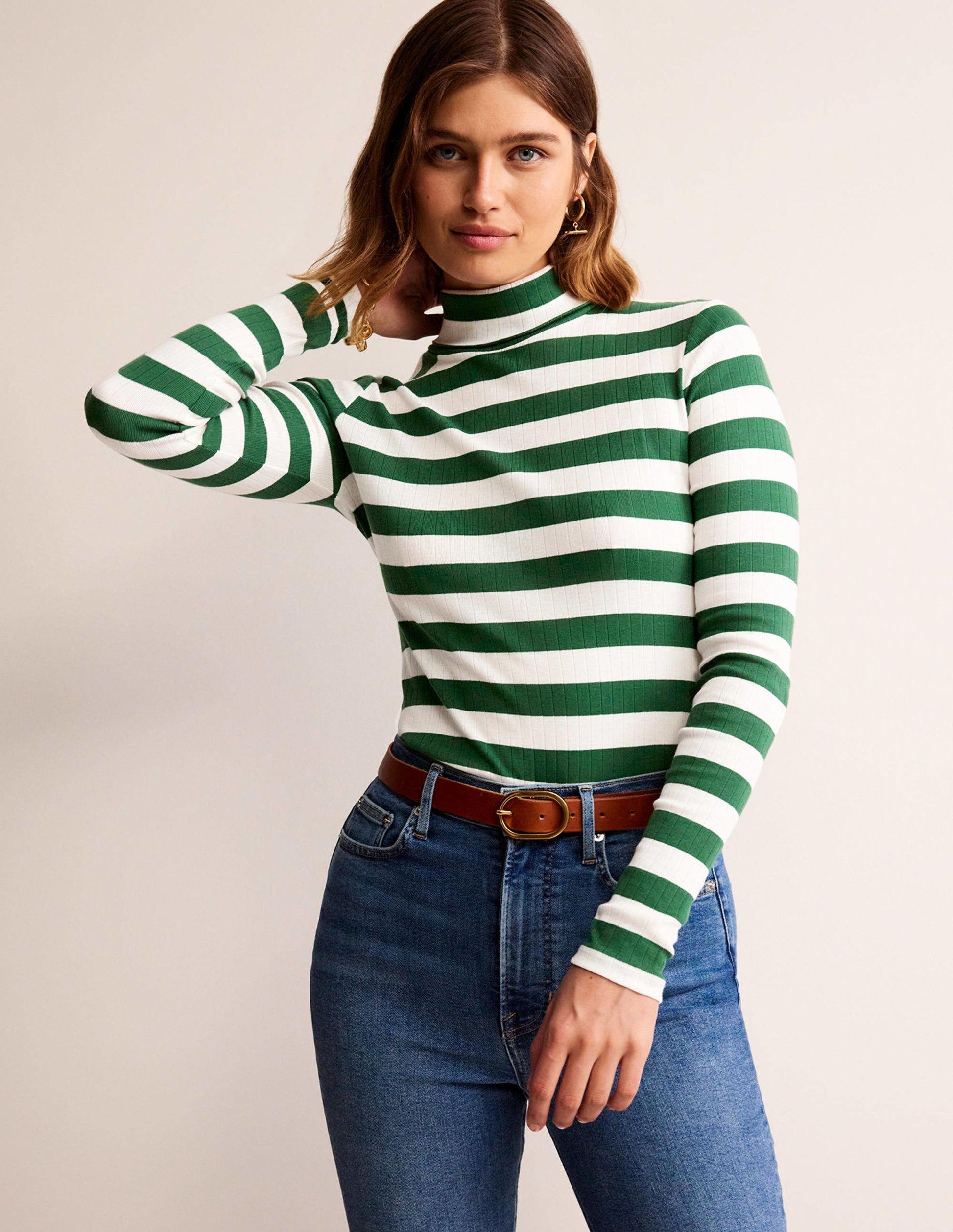Anna Rib Roll Neck Top-Amazon Green, Ivory-4