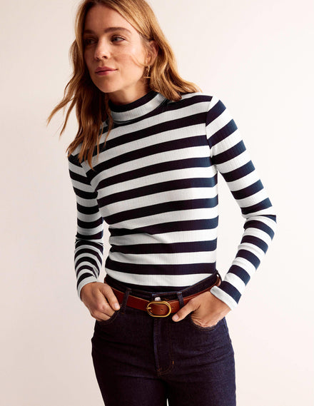 Anna Rib Roll Neck Top-Navy, Ivory