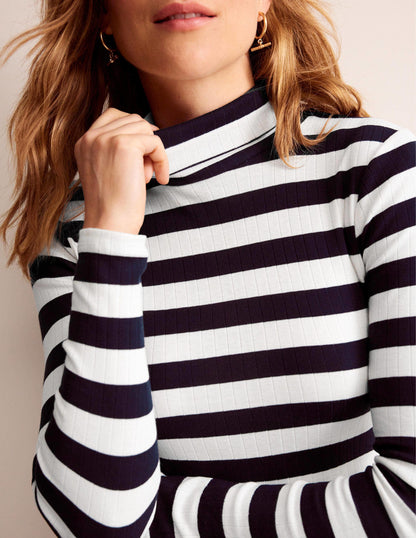 Anna Rib Roll Neck Top-Navy, Ivory-2