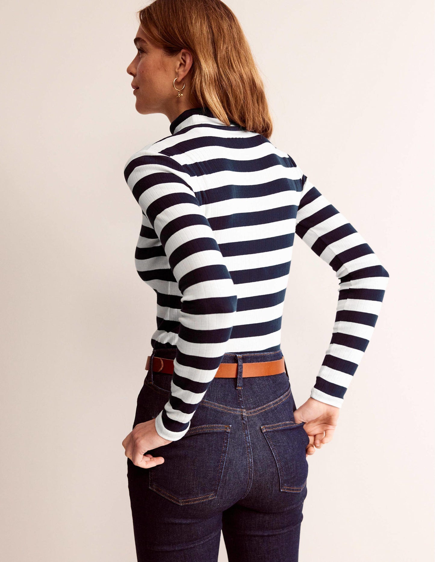 Anna Rib Roll Neck Top-Navy, Ivory