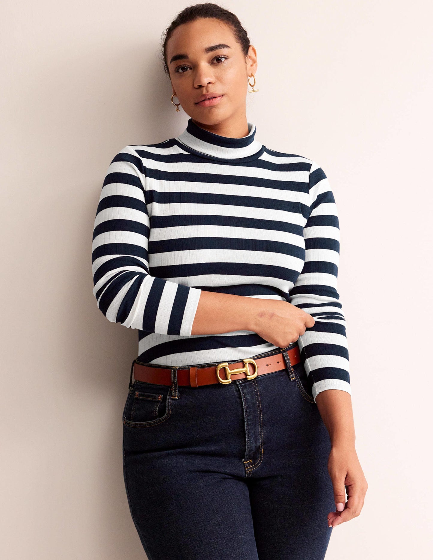 Anna Rib Roll Neck Top-Navy, Ivory