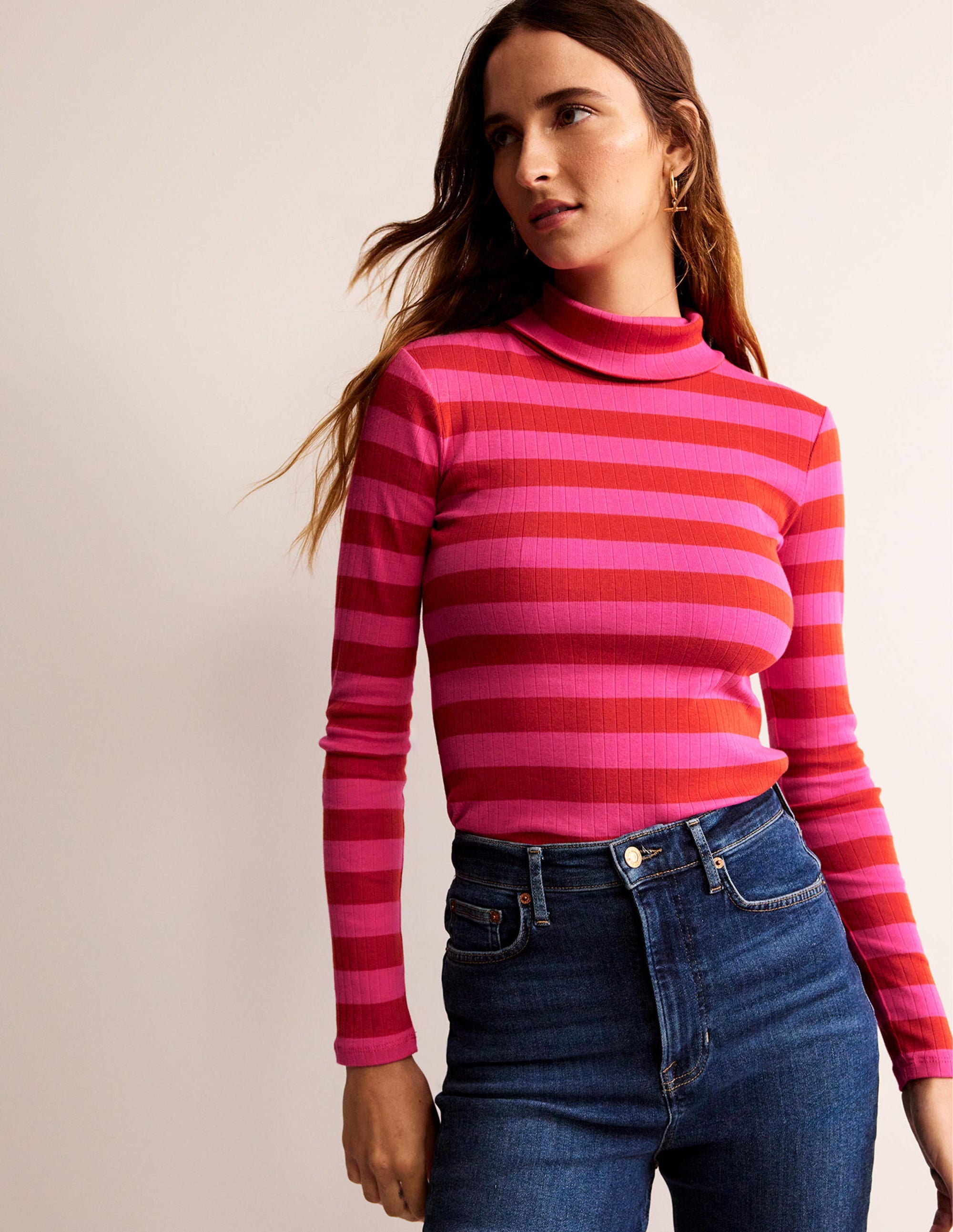 Anna Rib Roll Neck Top-Bright Rust, Vibrant Pink - Image 1