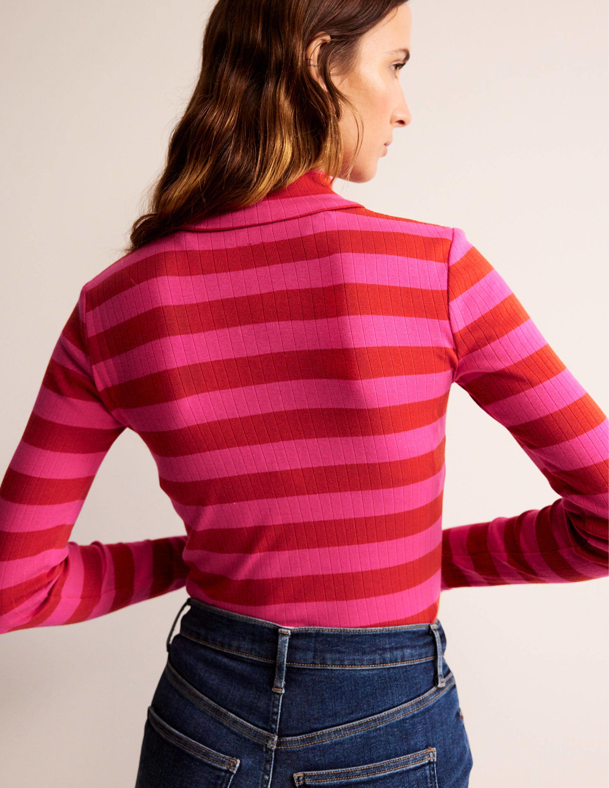Anna Rib Roll Neck Top-Bright Rust, Vibrant Pink - Image 3