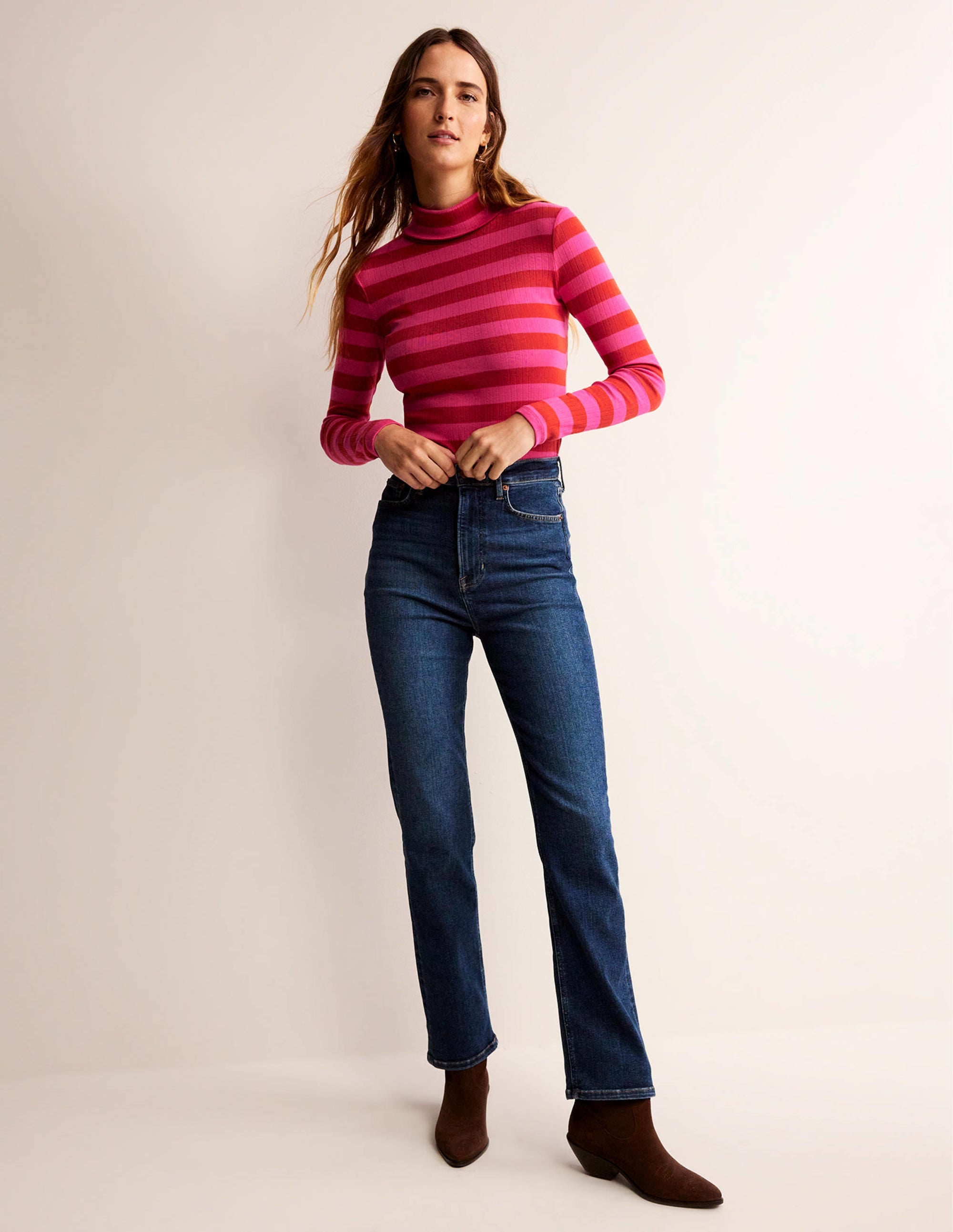 Anna Rib Roll Neck Top-Bright Rust, Vibrant Pink - Image 4