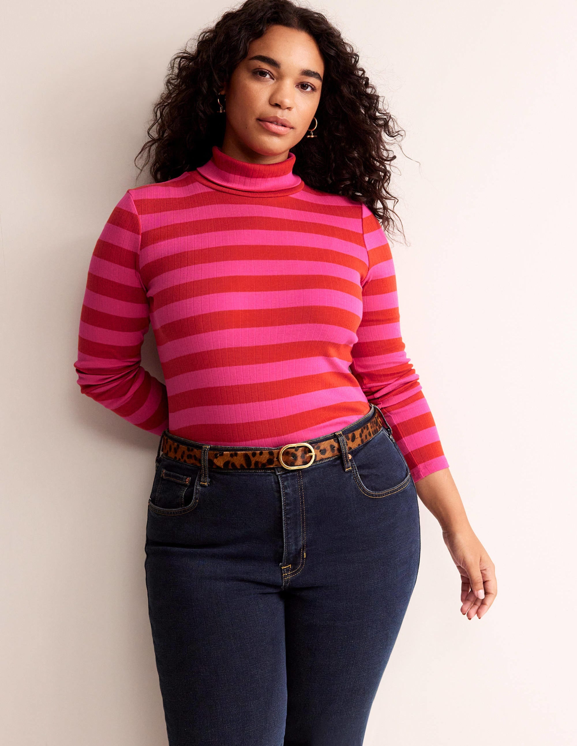 Anna Rib Roll Neck Top-Bright Rust, Vibrant Pink - Image 5
