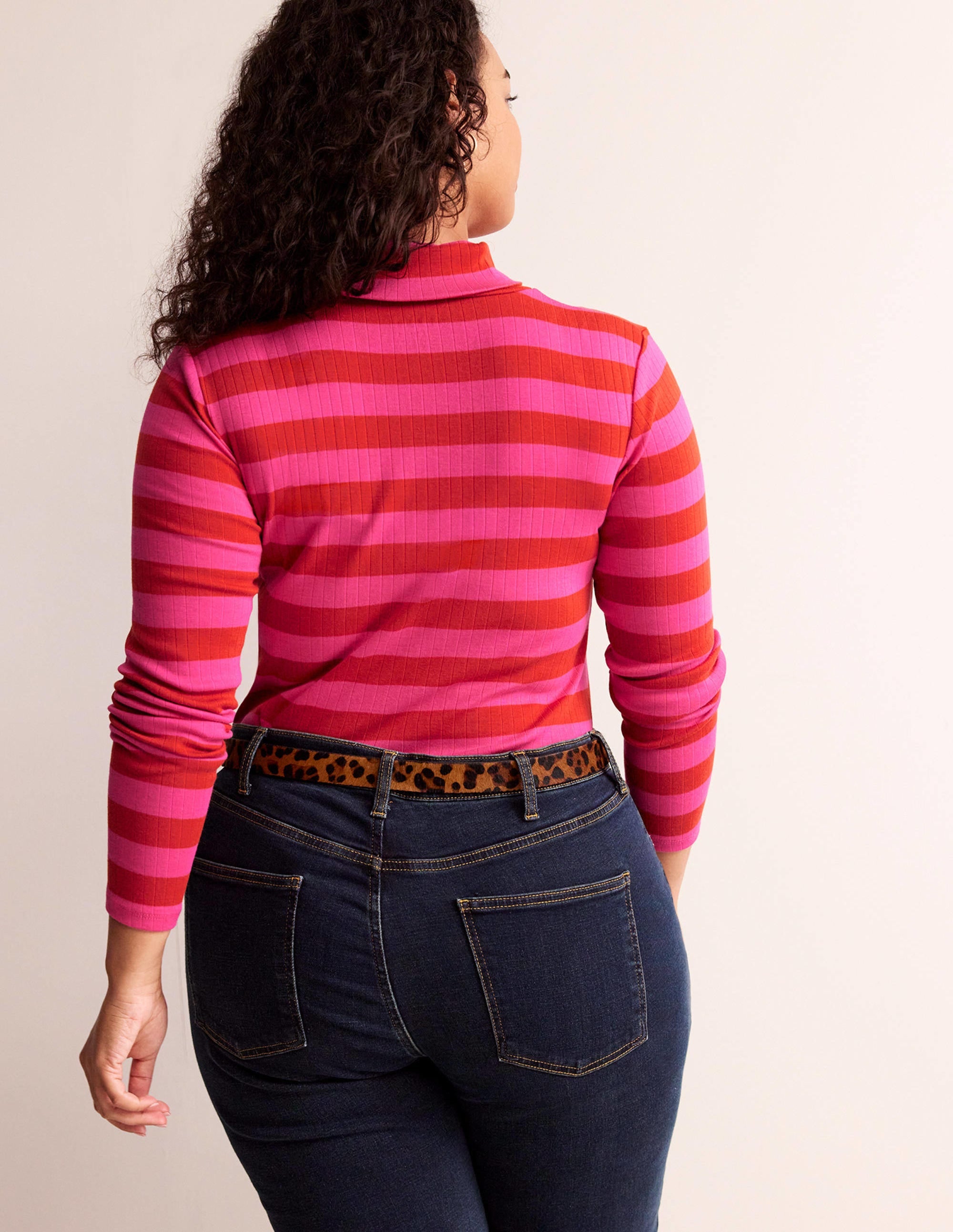 Anna Rib Roll Neck Top-Bright Rust, Vibrant Pink - Image 6