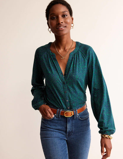 Printed Gather-Detail Shirt-Amazon Green , Animal Spot-1