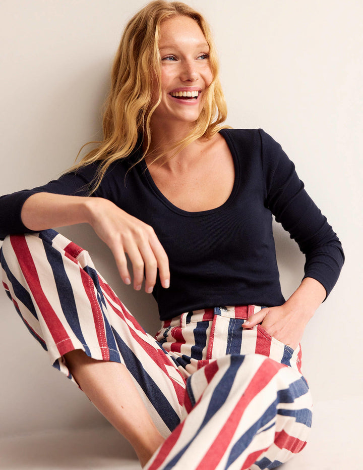 Cotton Rib Scoop Neck Top-Navy