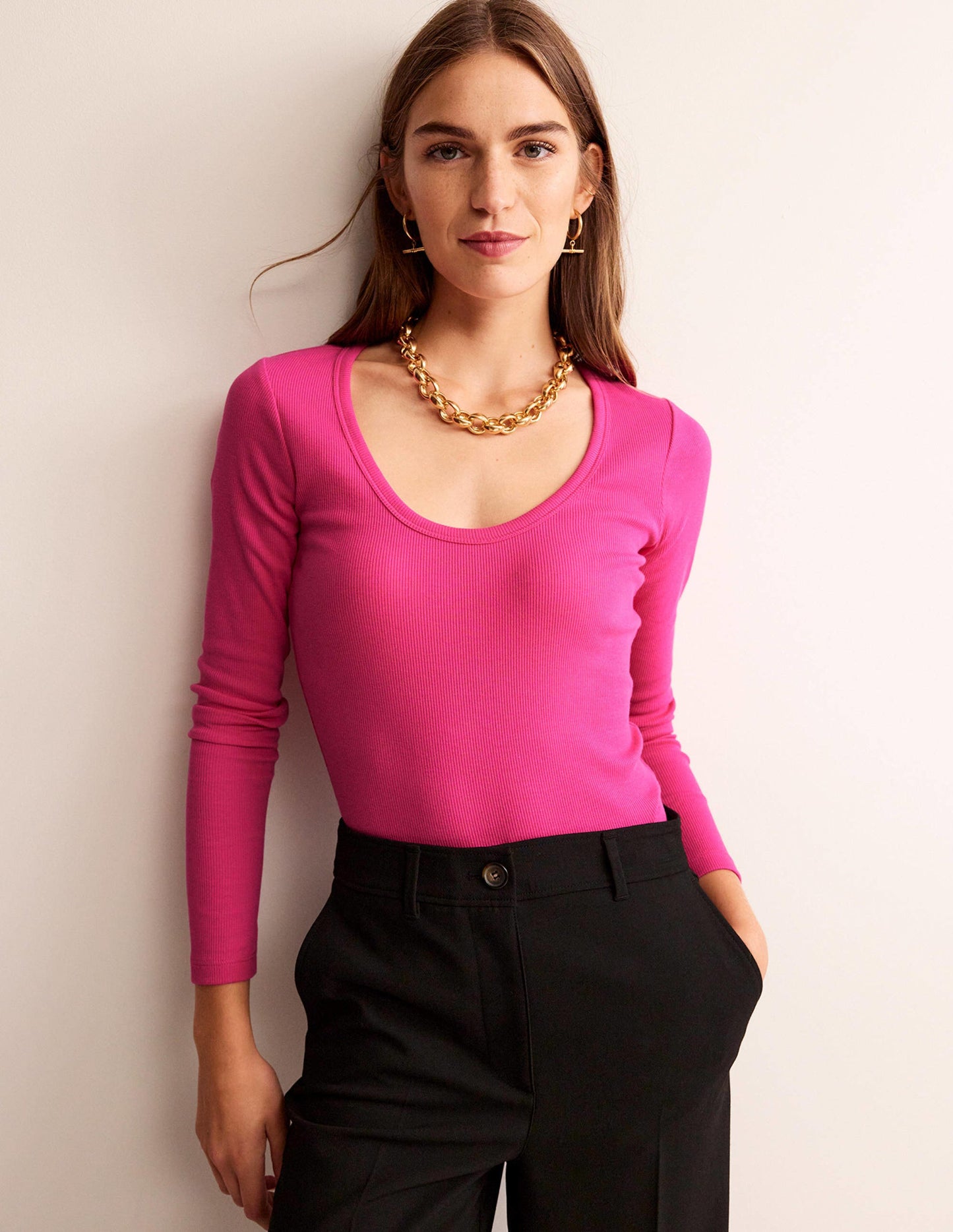 Cotton Rib Scoop Neck Top-Cabaret Pink