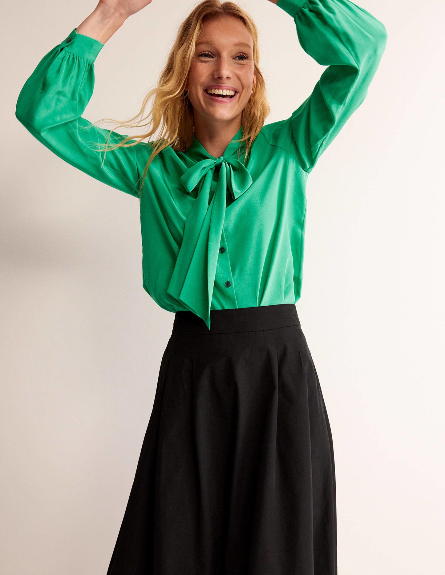 Bow-Neck Button-Down Blouse-Veridian Green