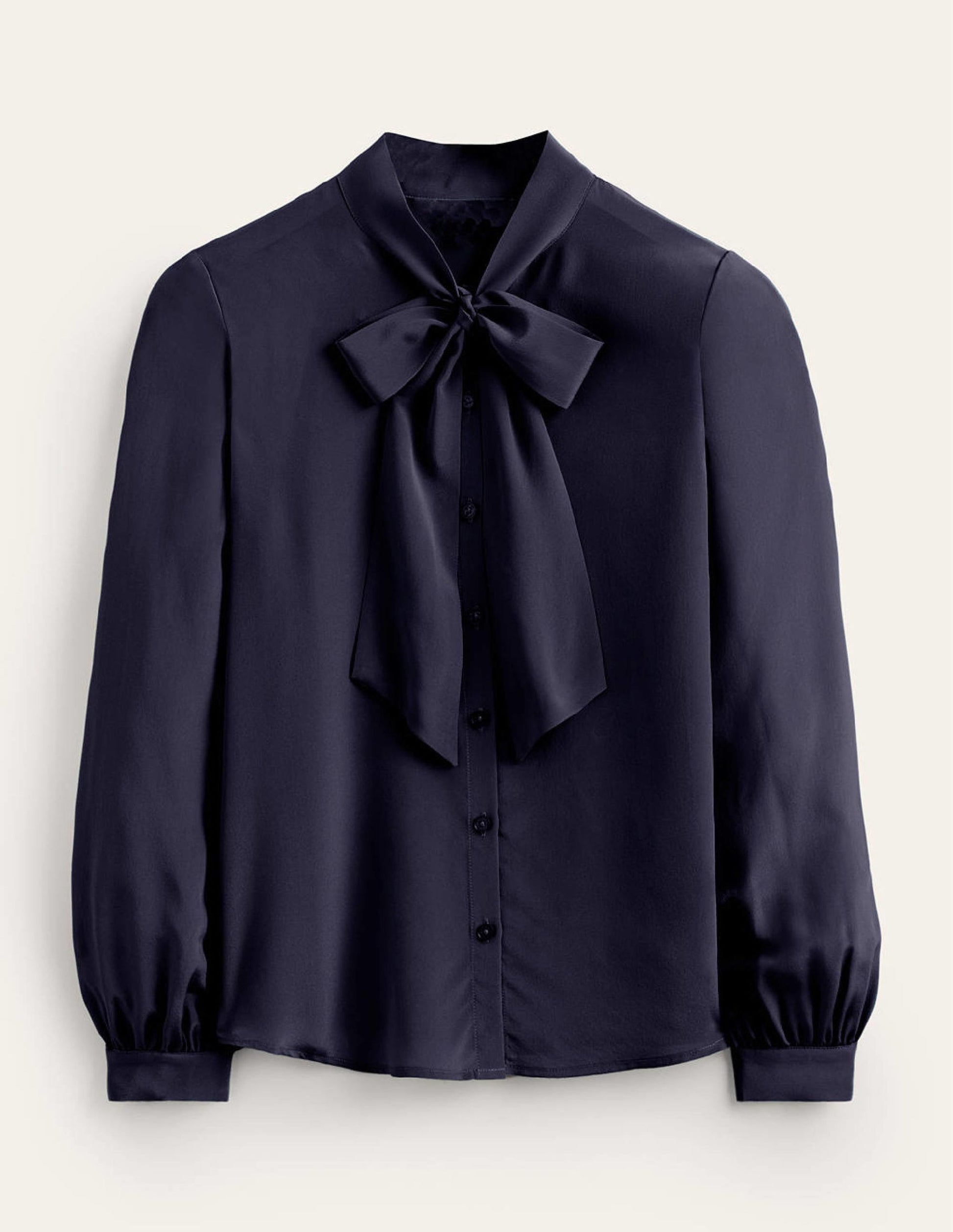Bow-Neck Button-Down Blouse-Navy-5