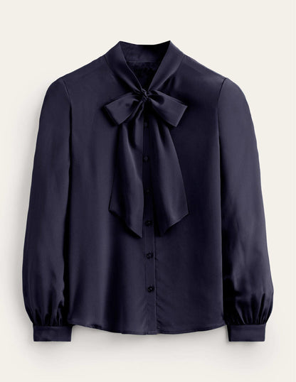 Bow-Neck Button-Down Blouse-Navy-5