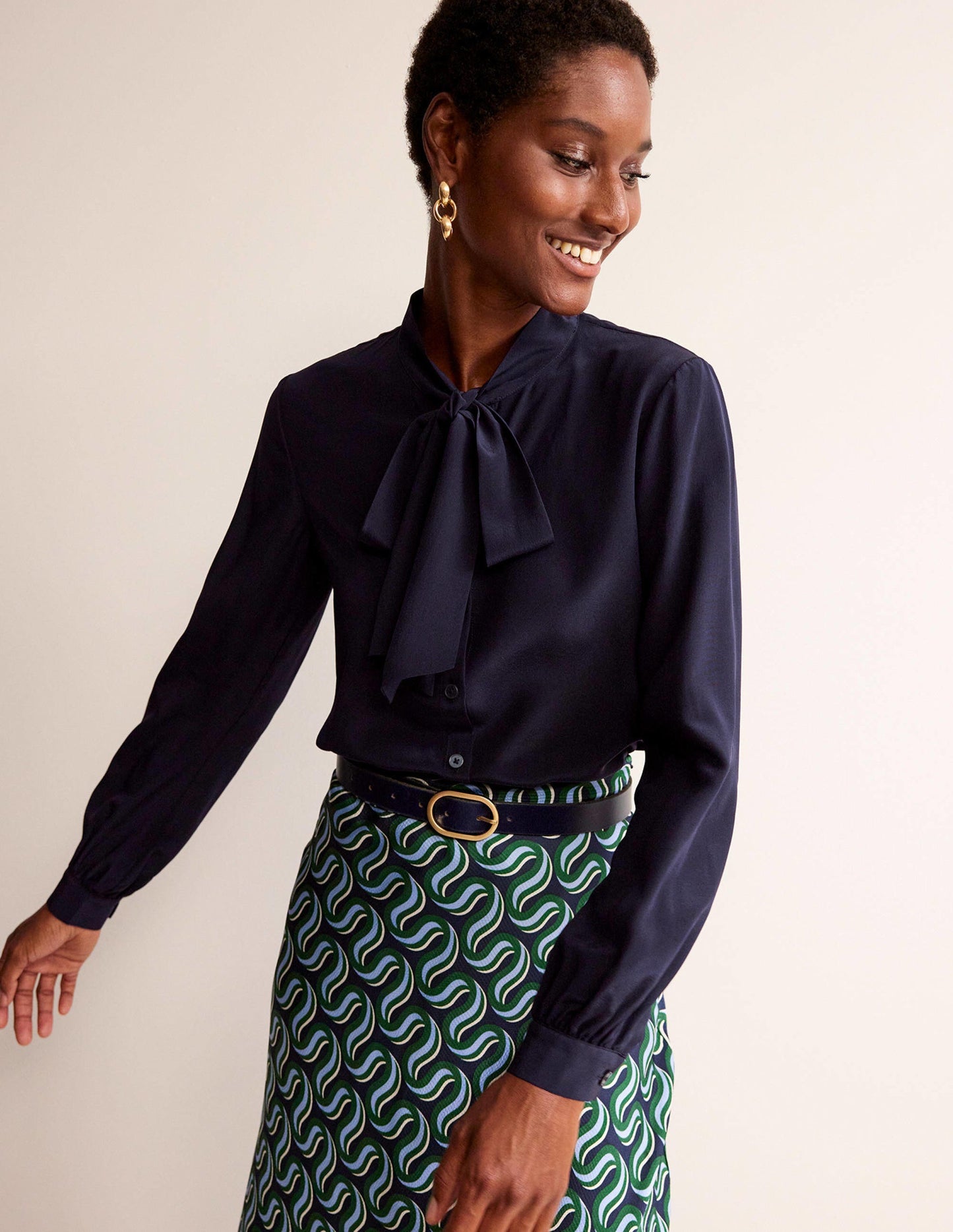 Bow-Neck Button-Down Blouse-Navy