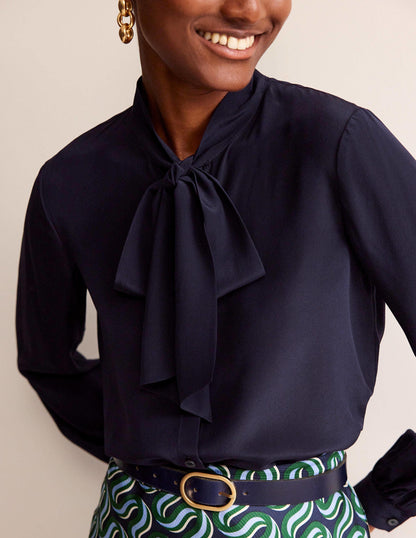 Bow-Neck Button-Down Blouse-Navy-2