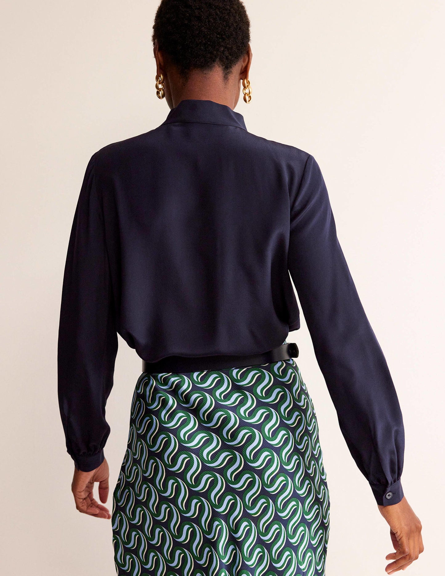 Bow-Neck Button-Down Blouse-Navy