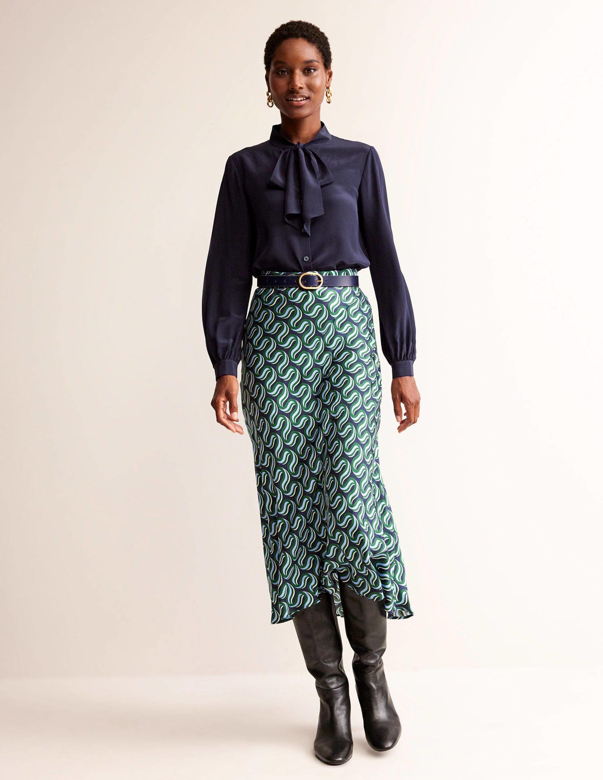 Bow-Neck Button-Down Blouse-Navy-4