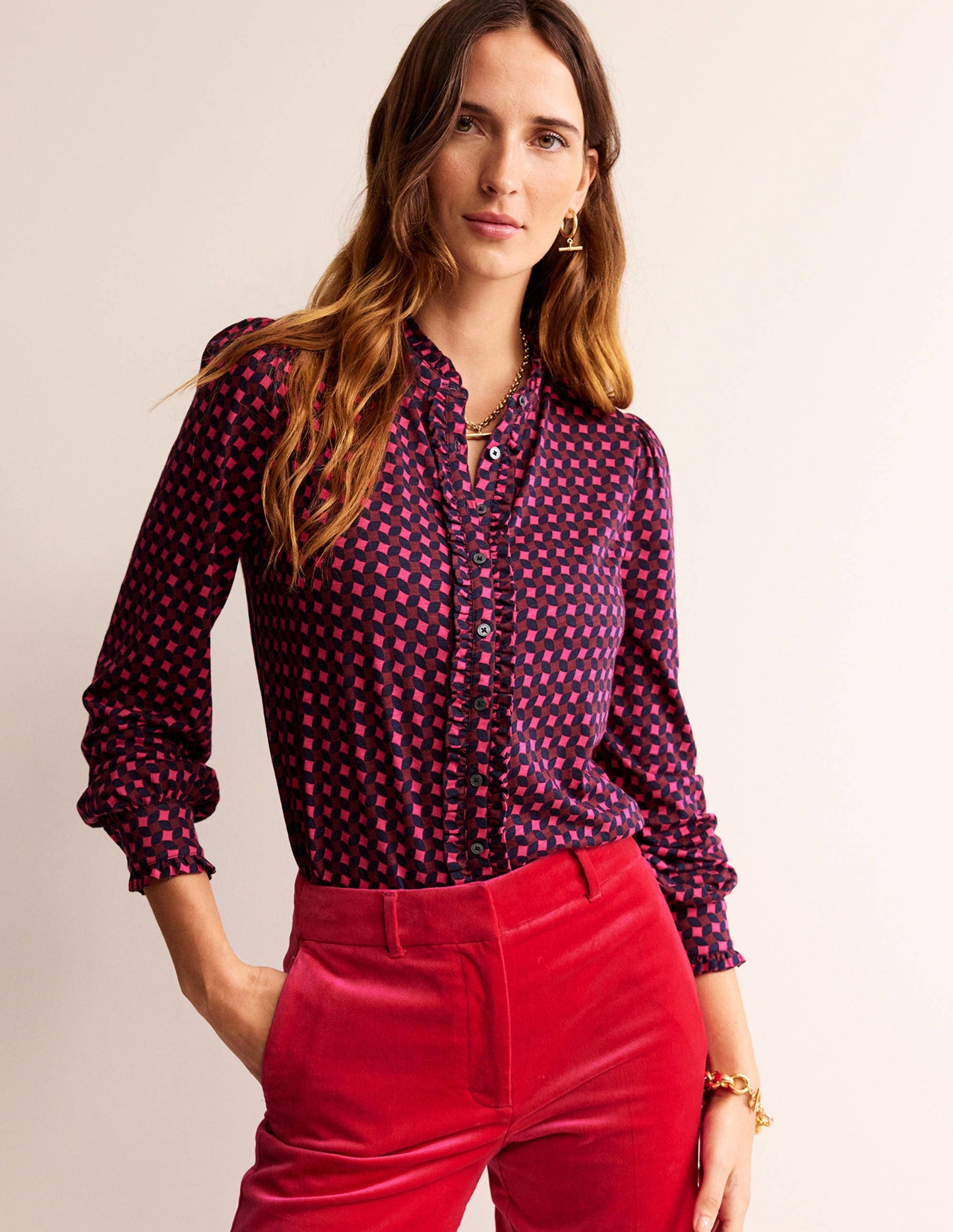 Caroline Jersey Shirt-Vibrant Pink, Abstract Diamond
