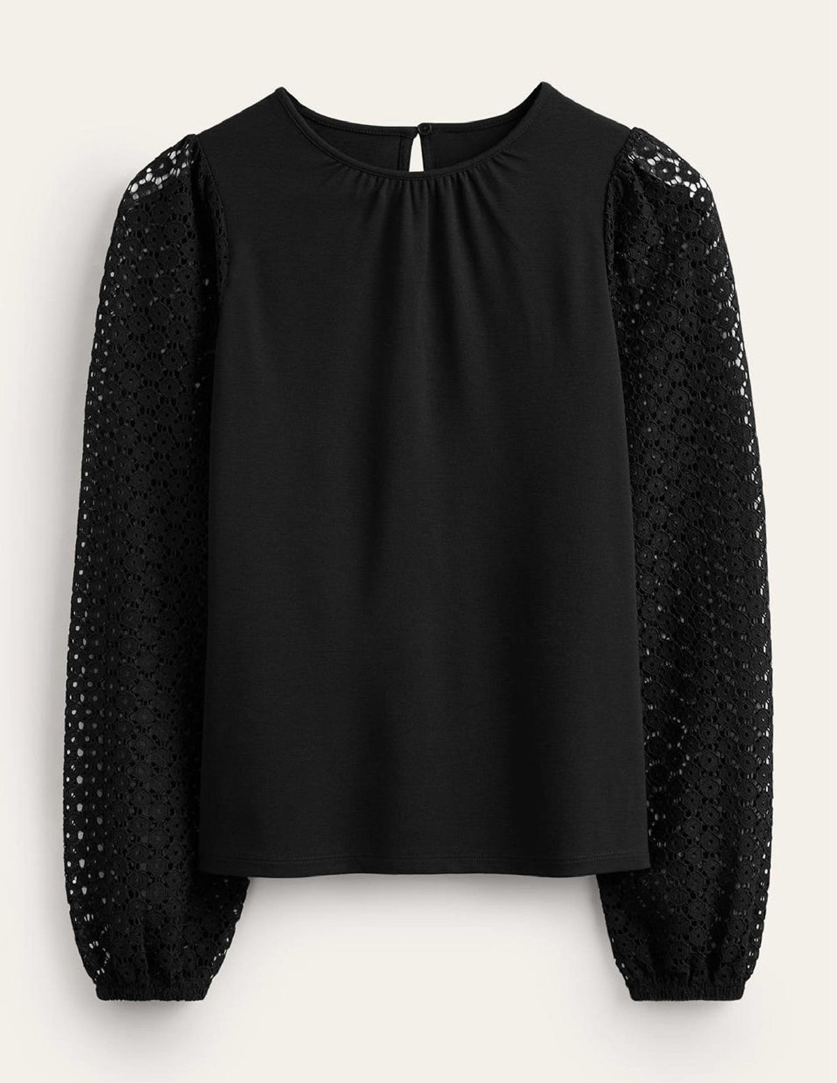 Crew Neck Lace-Sleeve Top-Black - Image 6