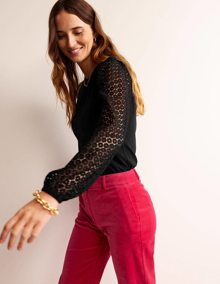 Crew Neck Lace-Sleeve Top-Black