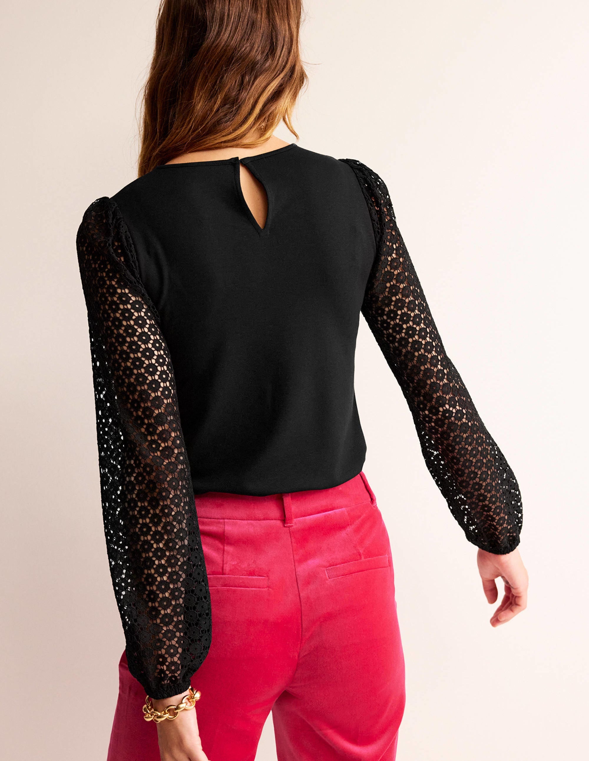 Crew Neck Lace-Sleeve Top-Black - Image 3