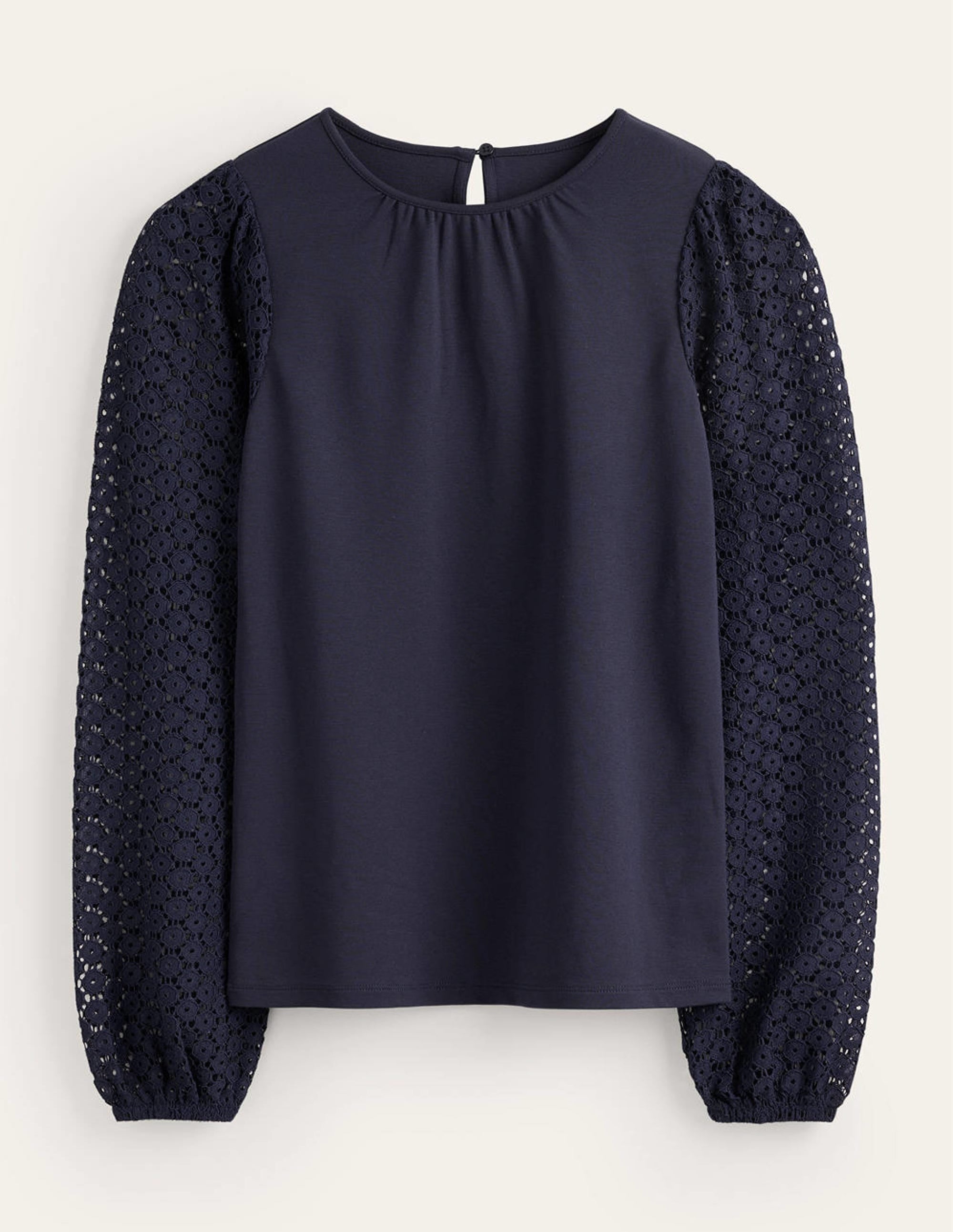 Crew Neck Lace-Sleeve Top-Navy - Image 5