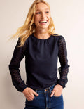 Crew Neck Lace-Sleeve Top-Navy