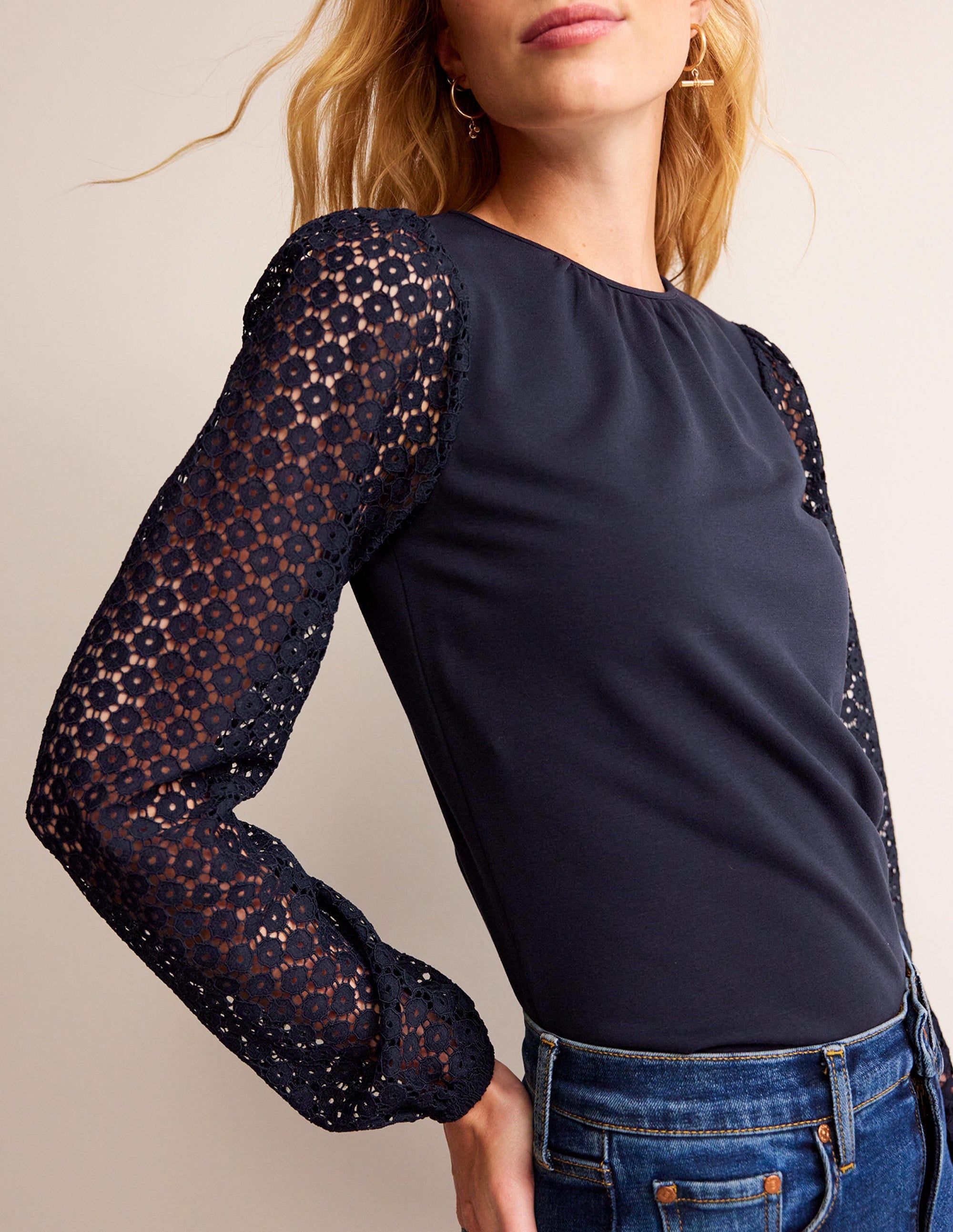 Crew Neck Lace-Sleeve Top-Navy - Image 2