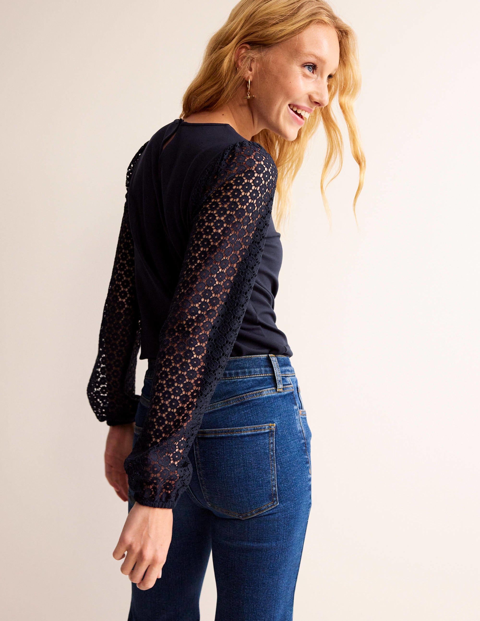 Crew Neck Lace-Sleeve Top-Navy - Image 3