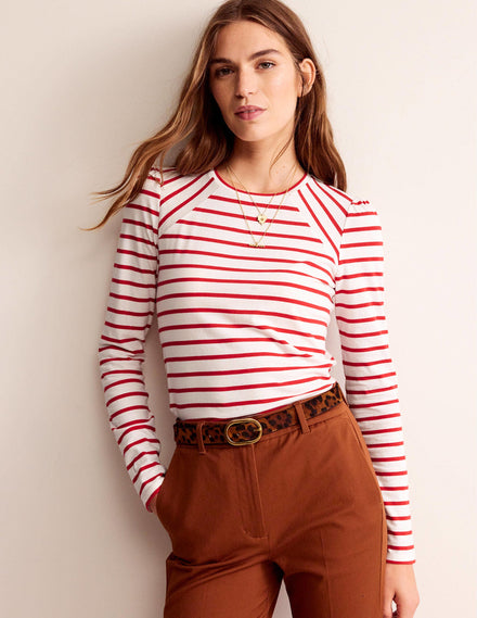 Arabella Stripe T-Shirt-Hot Pepper, Ivory