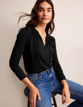 Ruffle V Neck Top-Black