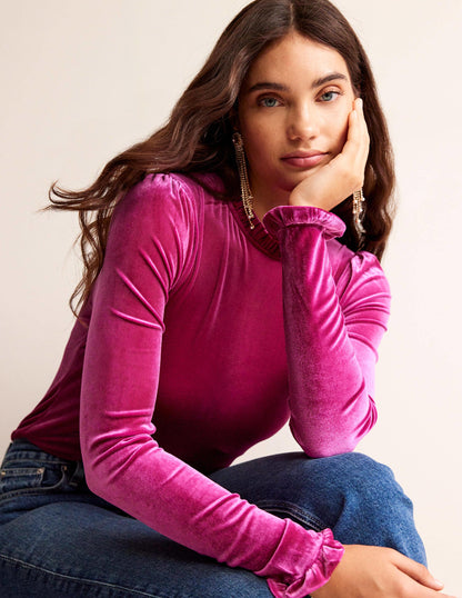 Velvet Frill-Trim Top-Vibrant Plum-1