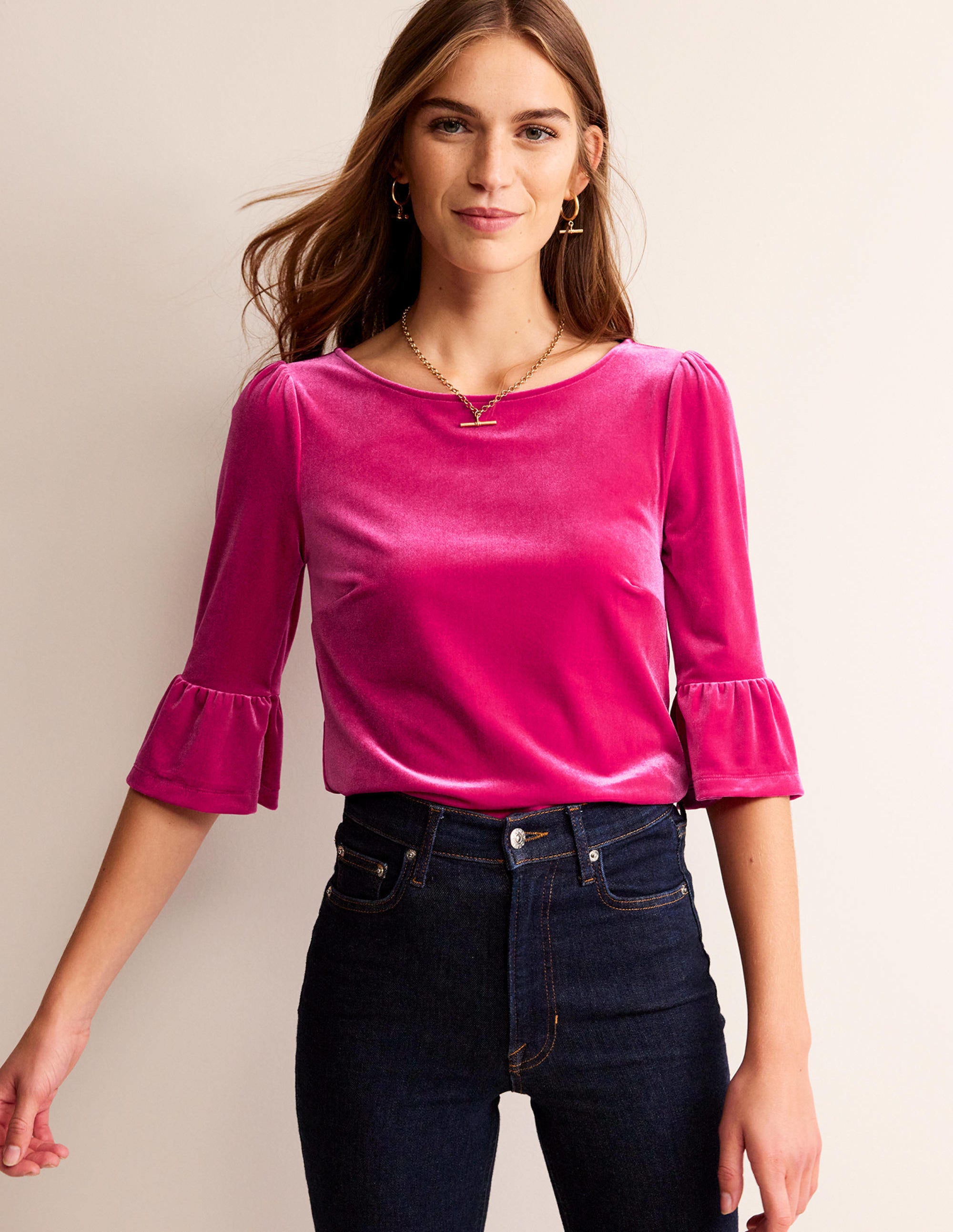 Velvet Ruffle Cuff Top-Vibrant Pink - Image 4