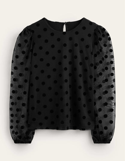 Puff-Sleeve Spotty Tulle Top-Black-8